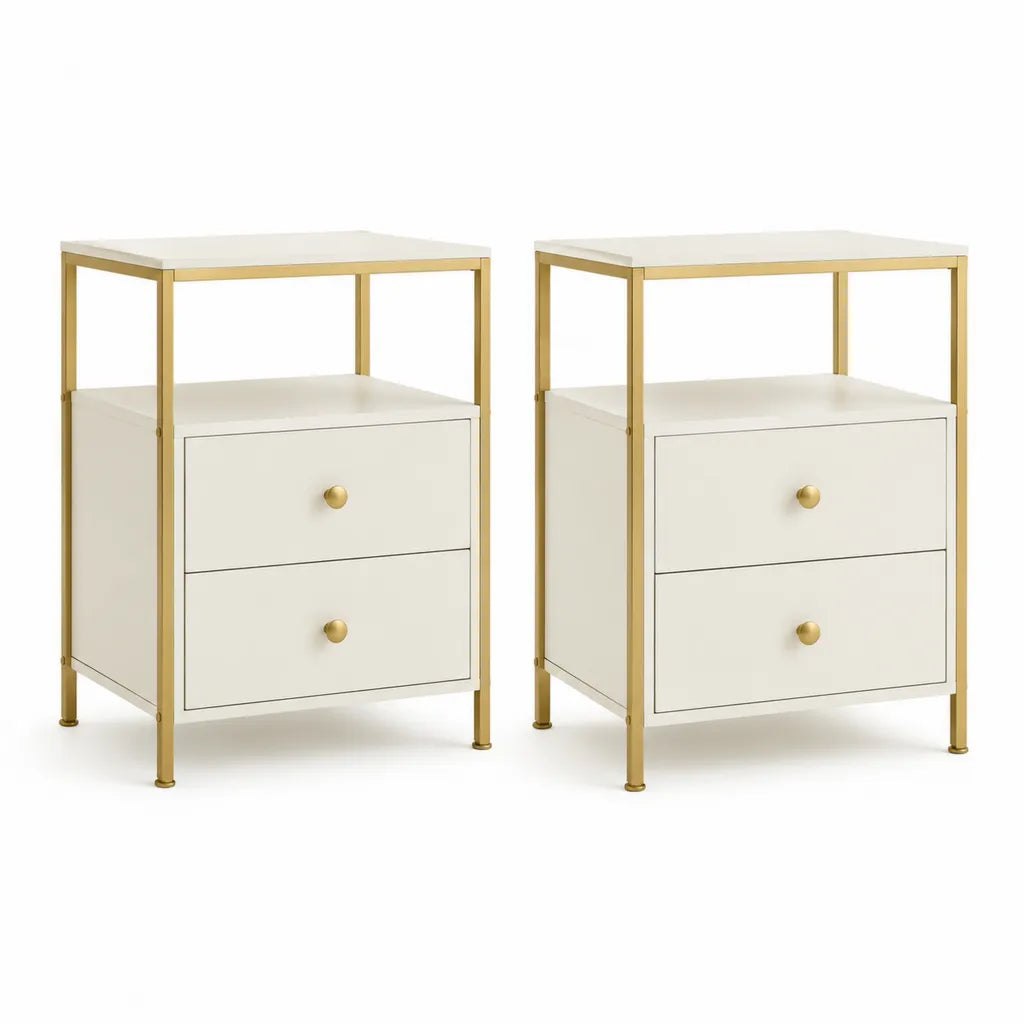 Lot de 2 tables de chevet rectangulaires 40 x 40 x 60 cm en MDF blanc et acier dore a 2 tiroirs
