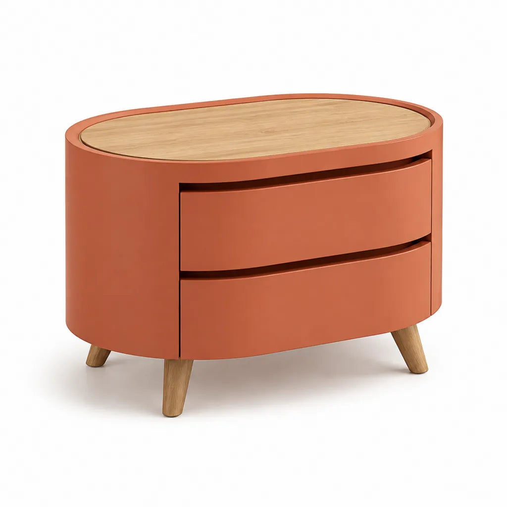 Table de chevet ovale 2 tiroirs en MDF laque terracotta et plateau decor chene 80 x 40 x 60 cm