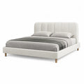 Lit double capitonne 160 x 200 cm en polyester blanc casse avec sommier a lattes