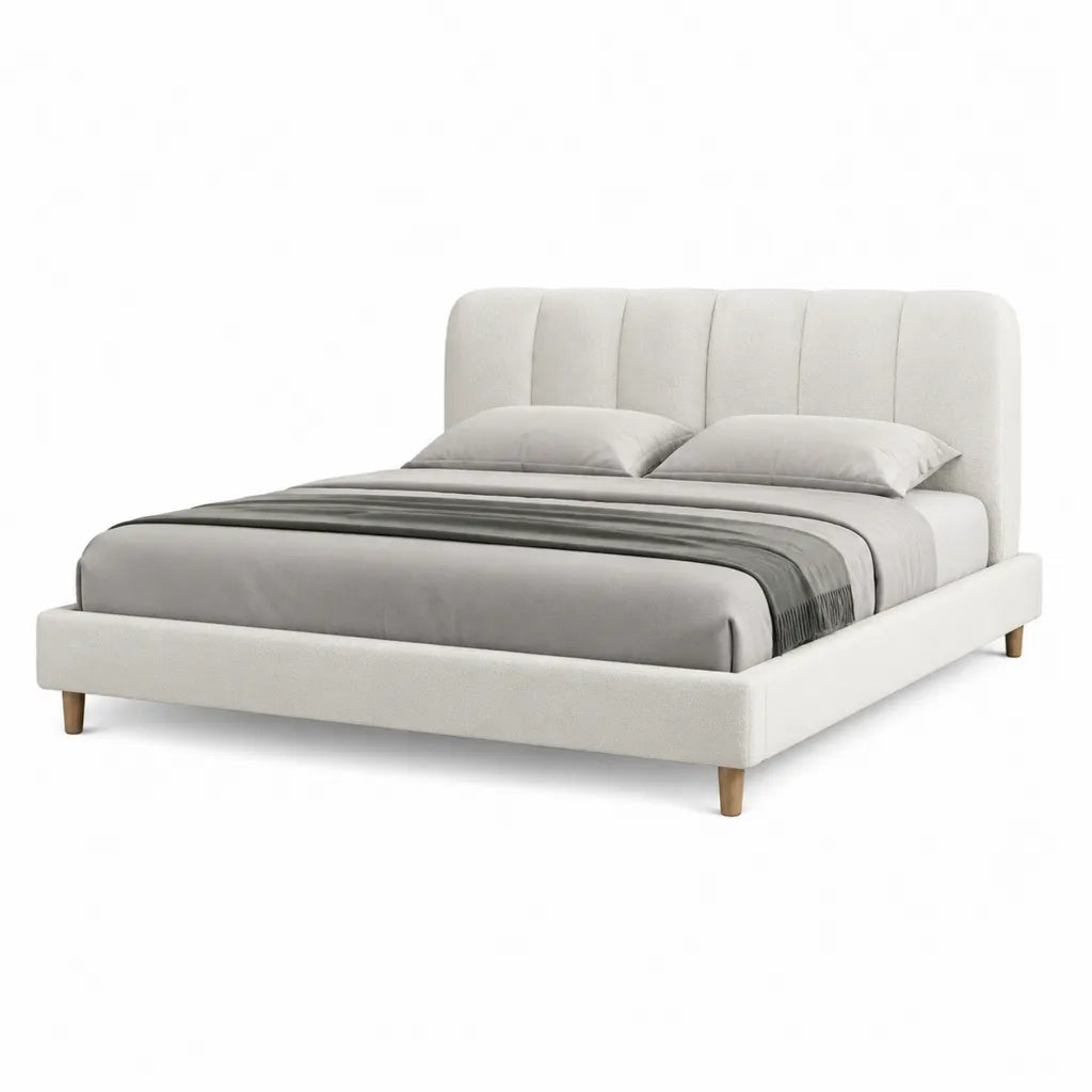 Lit double capitonne 160 x 200 cm en polyester blanc casse avec sommier a lattes