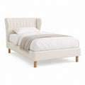 Lit double avec cadre rembourre 160 x 200 cm en polyester ivoire tete de lit arrondie a panneaux verticaux pieds en hevea