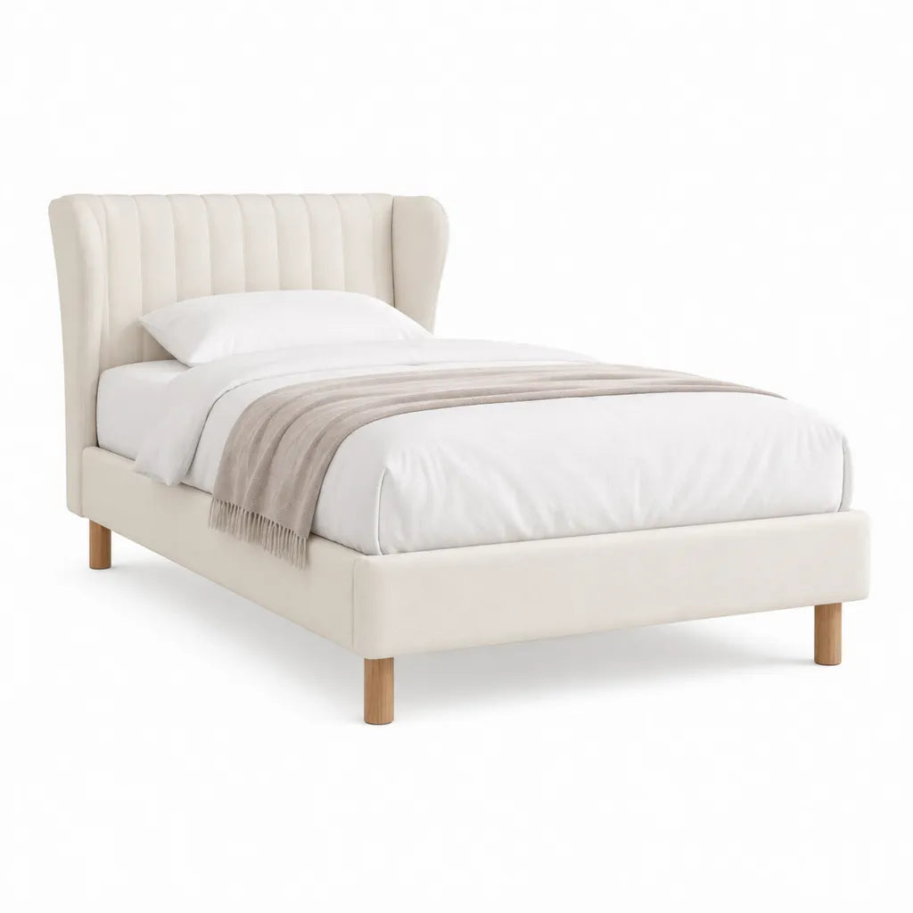 Lit double avec cadre rembourre 160 x 200 cm en polyester ivoire tete de lit arrondie a panneaux verticaux pieds en hevea