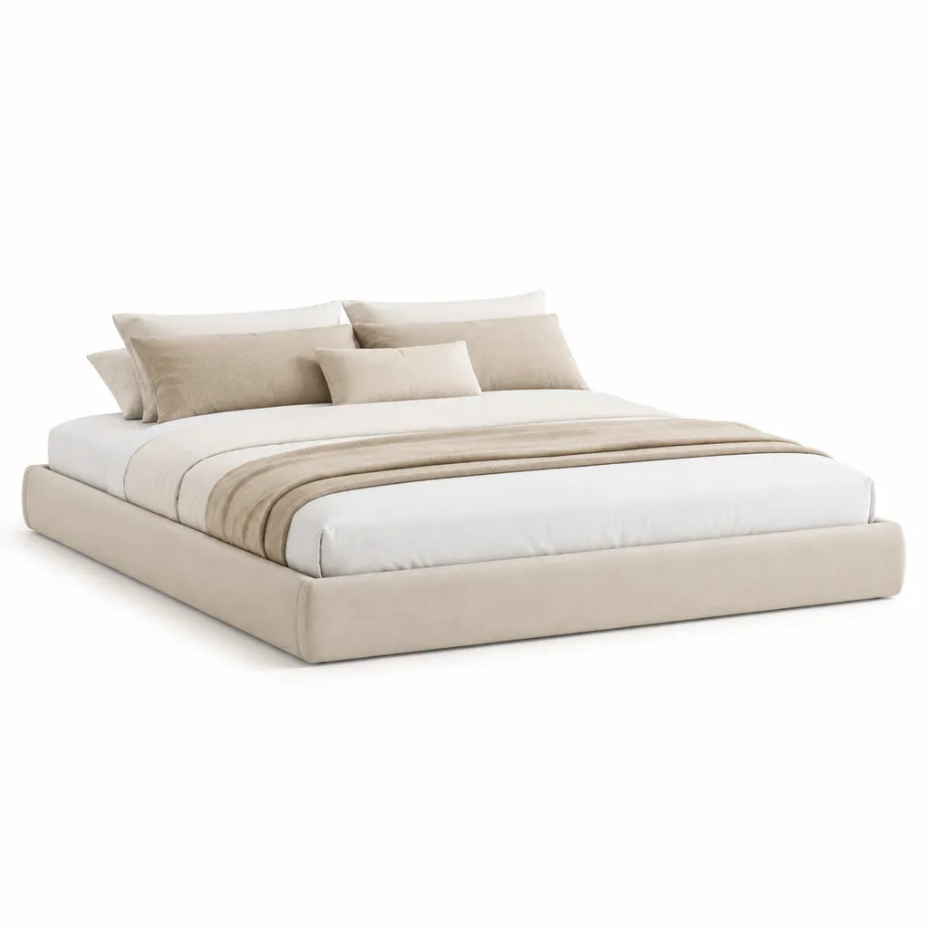 Lit double avec cadre rembourre rectangulaire en polyester beige 160 x 200 cm