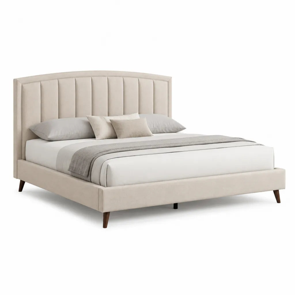 Lit double capitonne avec cadre 160 x 200 cm en polyester beige et pieds en hevea