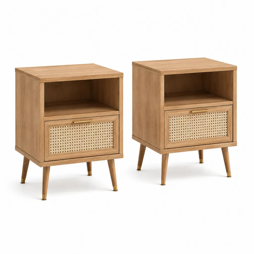 Lot de 2 tables de chevet avec tiroir en MDF plaque chene et cannage en rotin naturel 40 x 35 x 60 cm marron clair