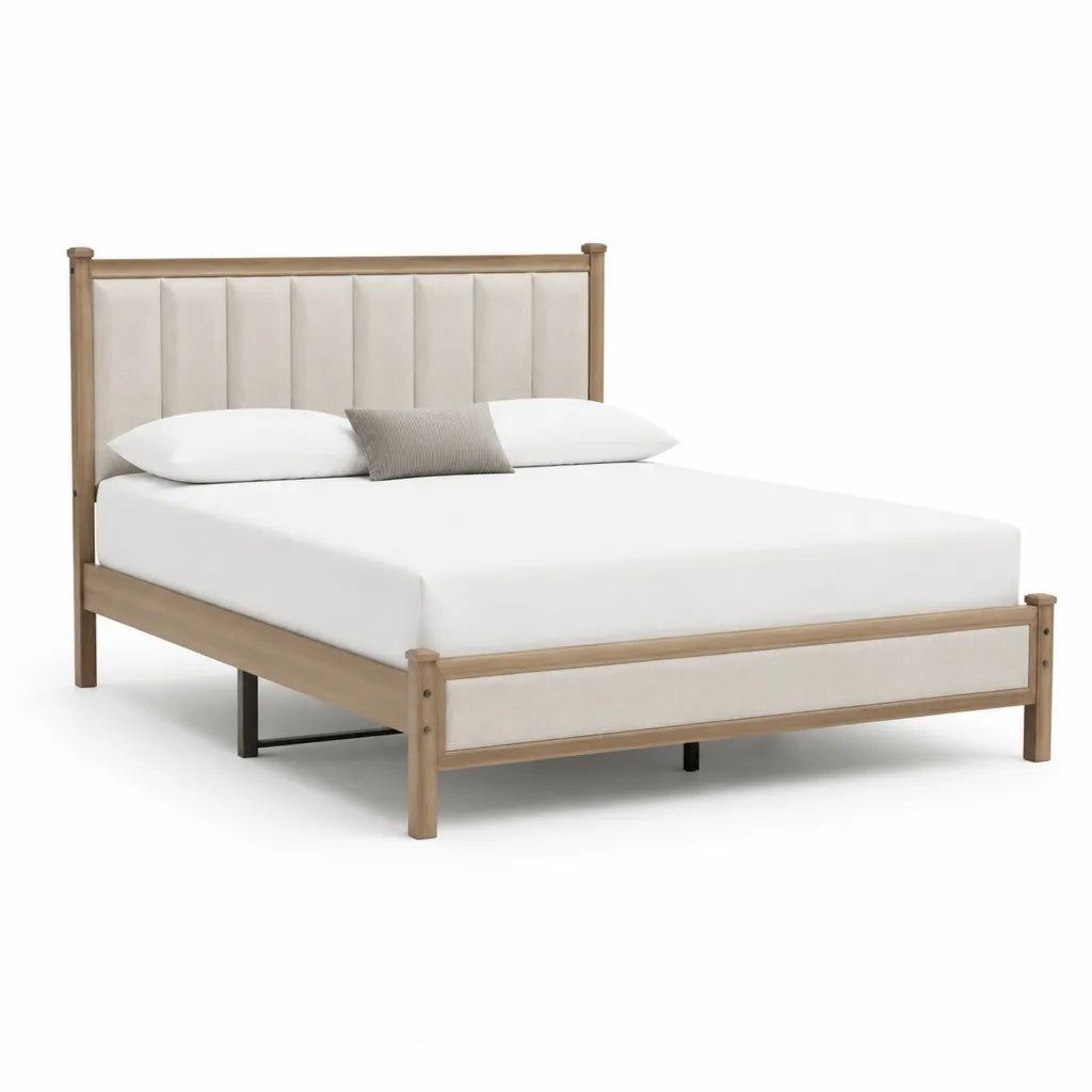 Cadre de lit double 160 x 200 cm en bois massif avec tete de lit capitonnee rectangulaire beige naturel