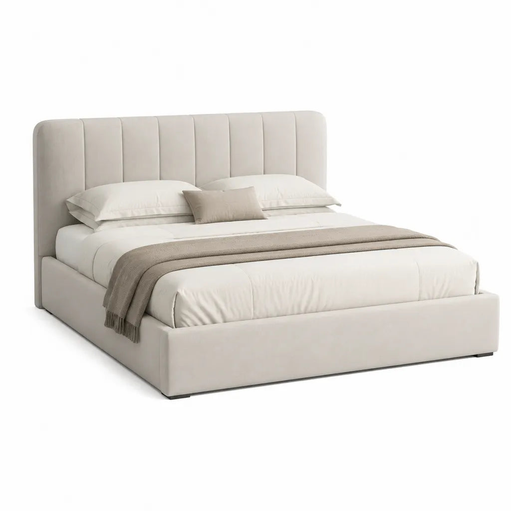 Lit double 160 x 200 cm cadre rembourre en polyester beige tete de lit capitonnee arrondie