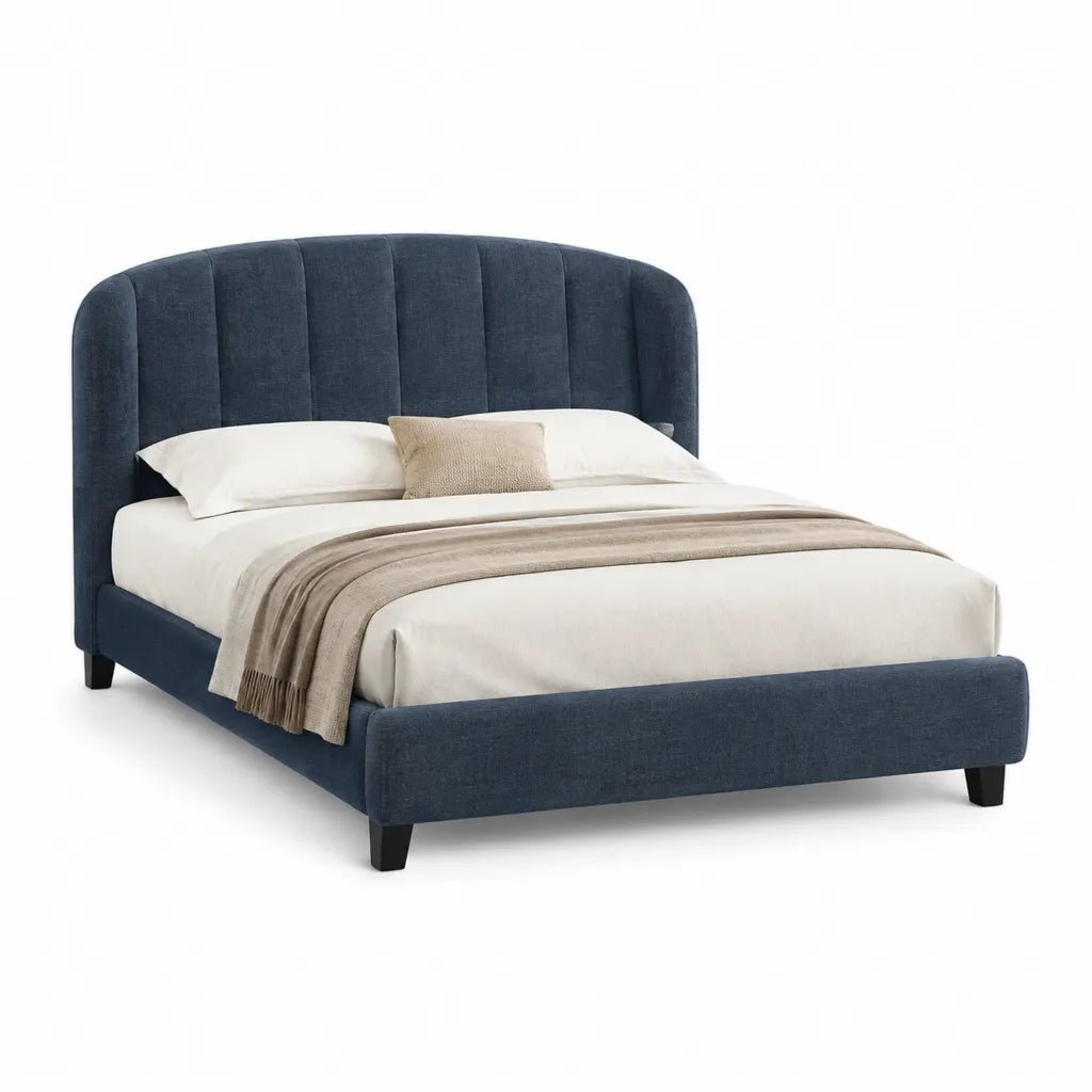 Lit double avec cadre capitonne en velours polyester bleu marine 160 x 200 cm