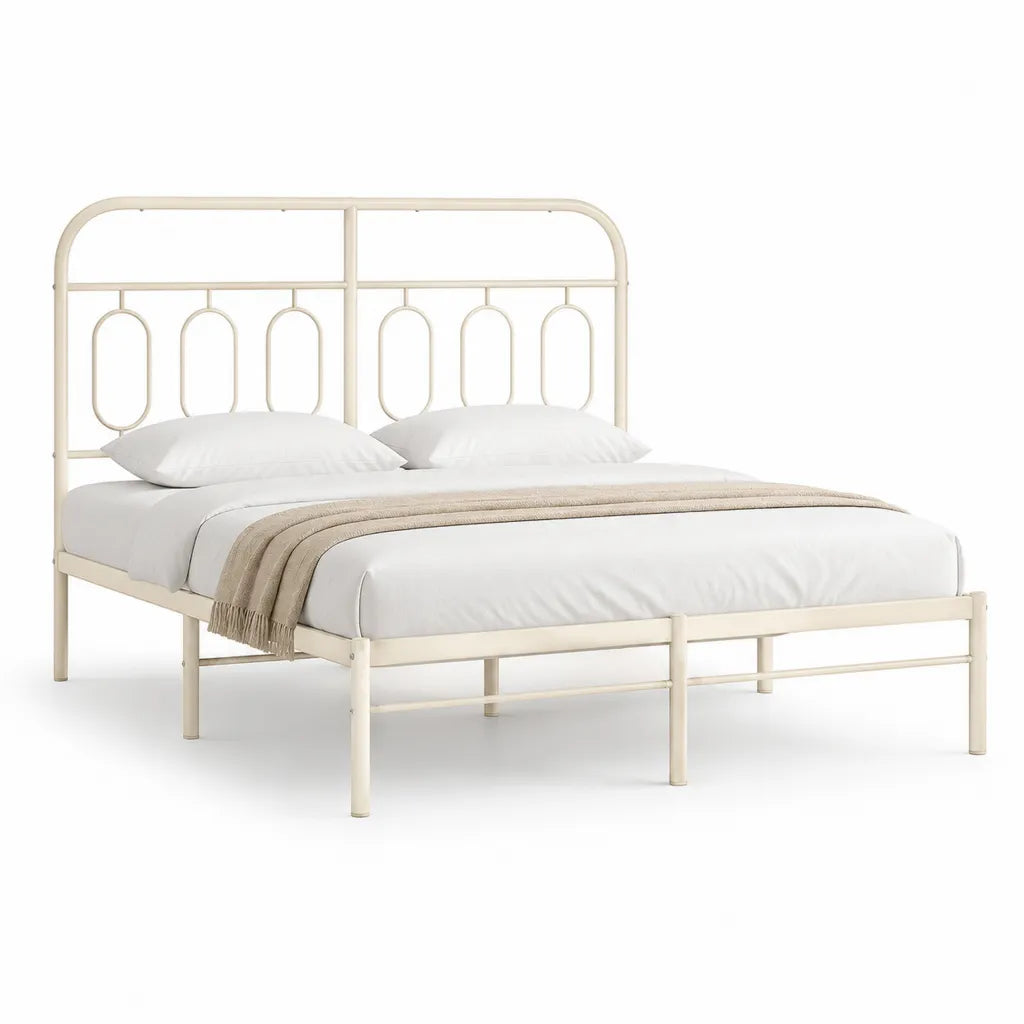 Cadre de lit double 160 x 200 cm en acier tubulaire rectangulaire creme