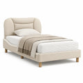 Lit simple capitonne 90 x 190 cm en polyester creme avec tete de lit arrondie